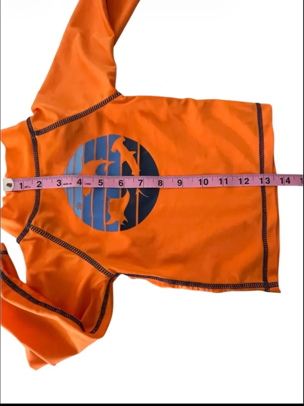 UVSkinz Orange Rash Guard Set with Blue & Orange Shark Camo Swim Trunks